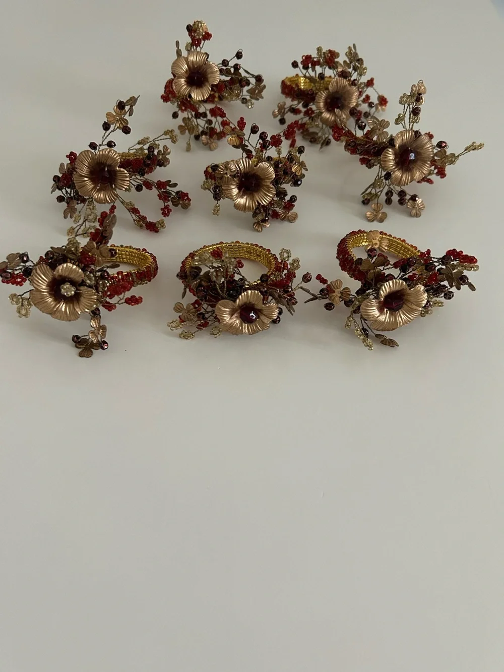 Set of 8 Pier 1 Imports Beaded Floral Napkin Rings – Vintage Gold & Red Holiday